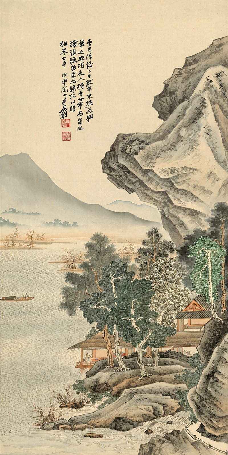 张大千沧浪渔笛图绢本