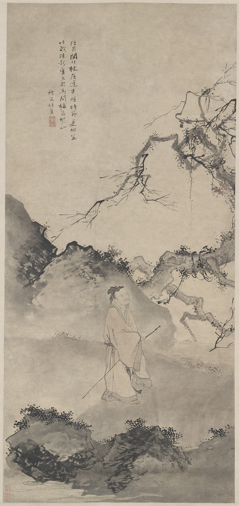 明_杜堇_陪月闲行图轴