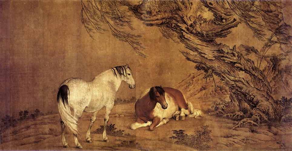 清 郎世宁 柳荫双骏图