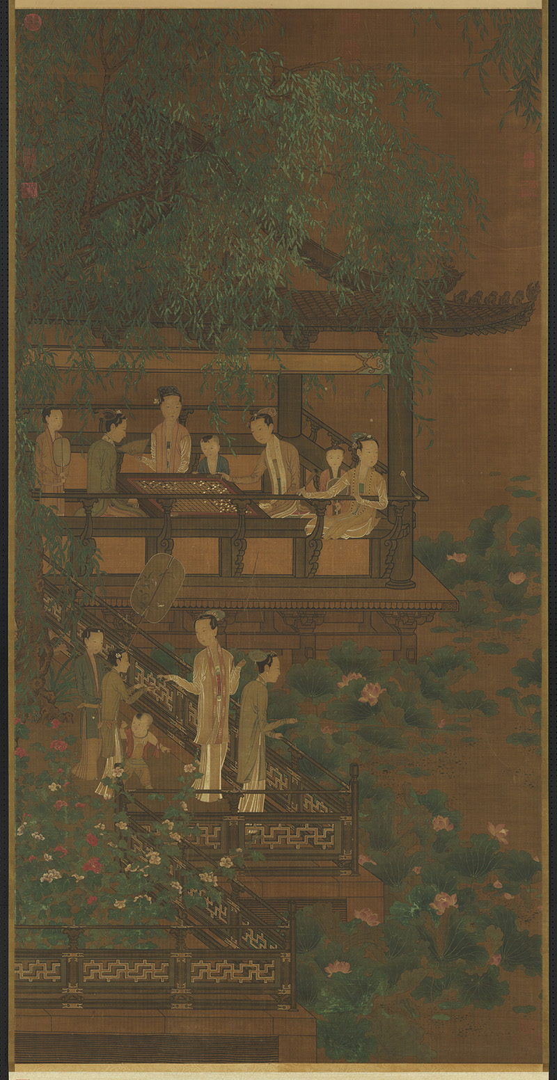 五代 周文矩 荷亭奕钓仕女图轴