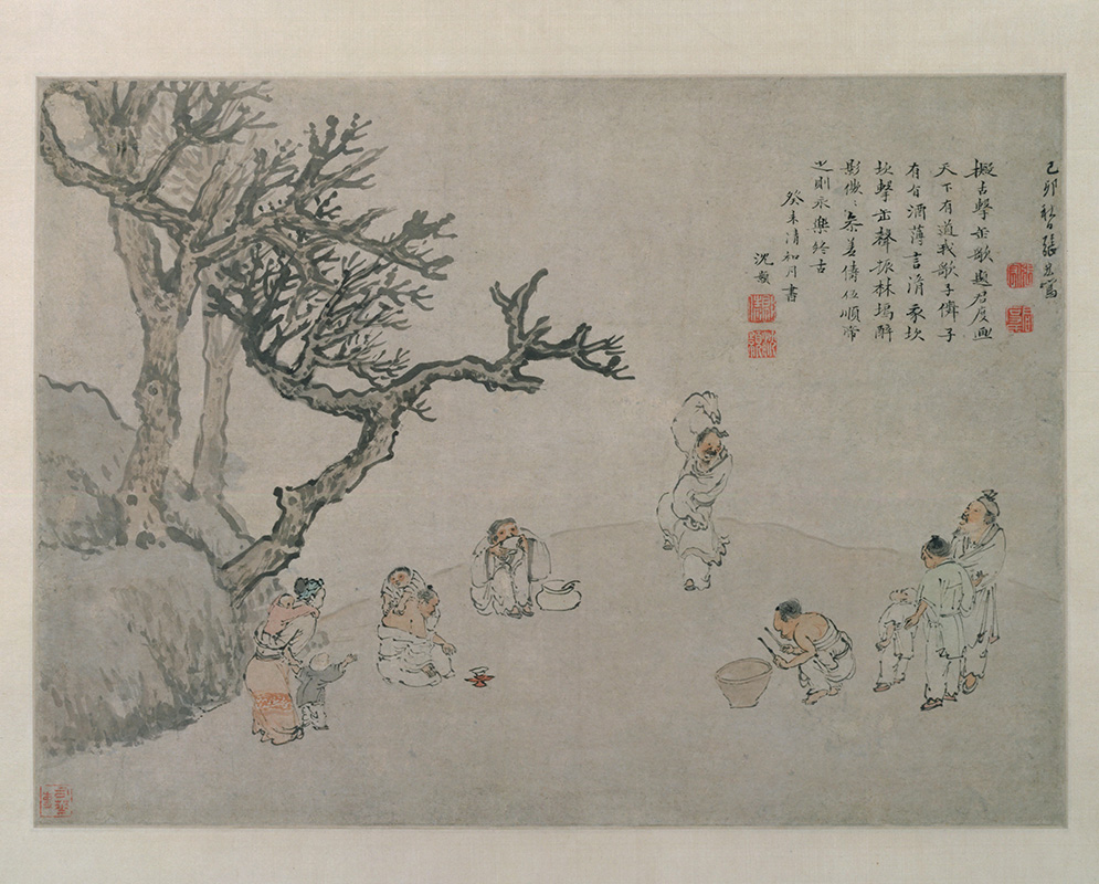明 张宏 击缶图轴 