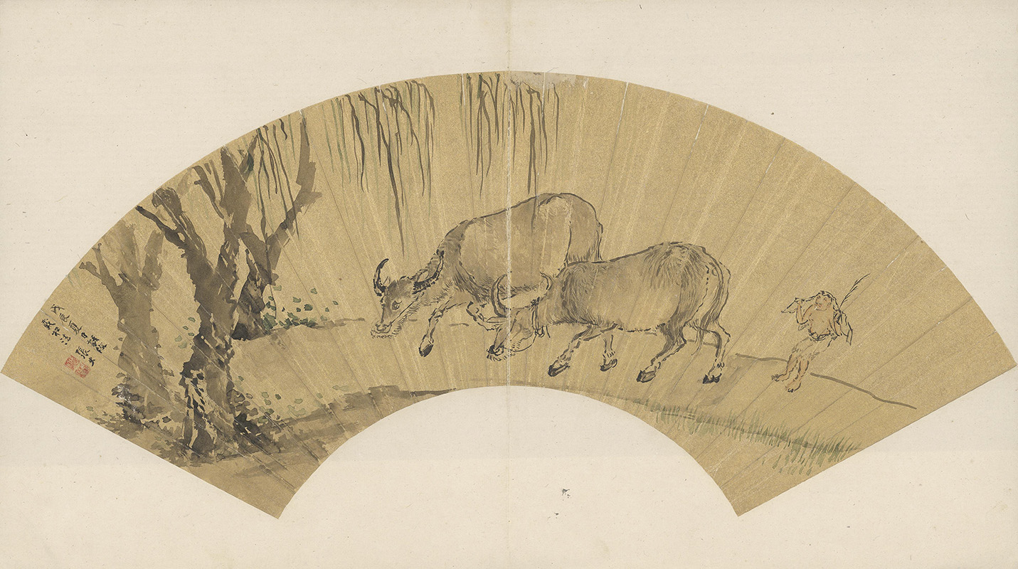 明 张宏 画牛扇页 